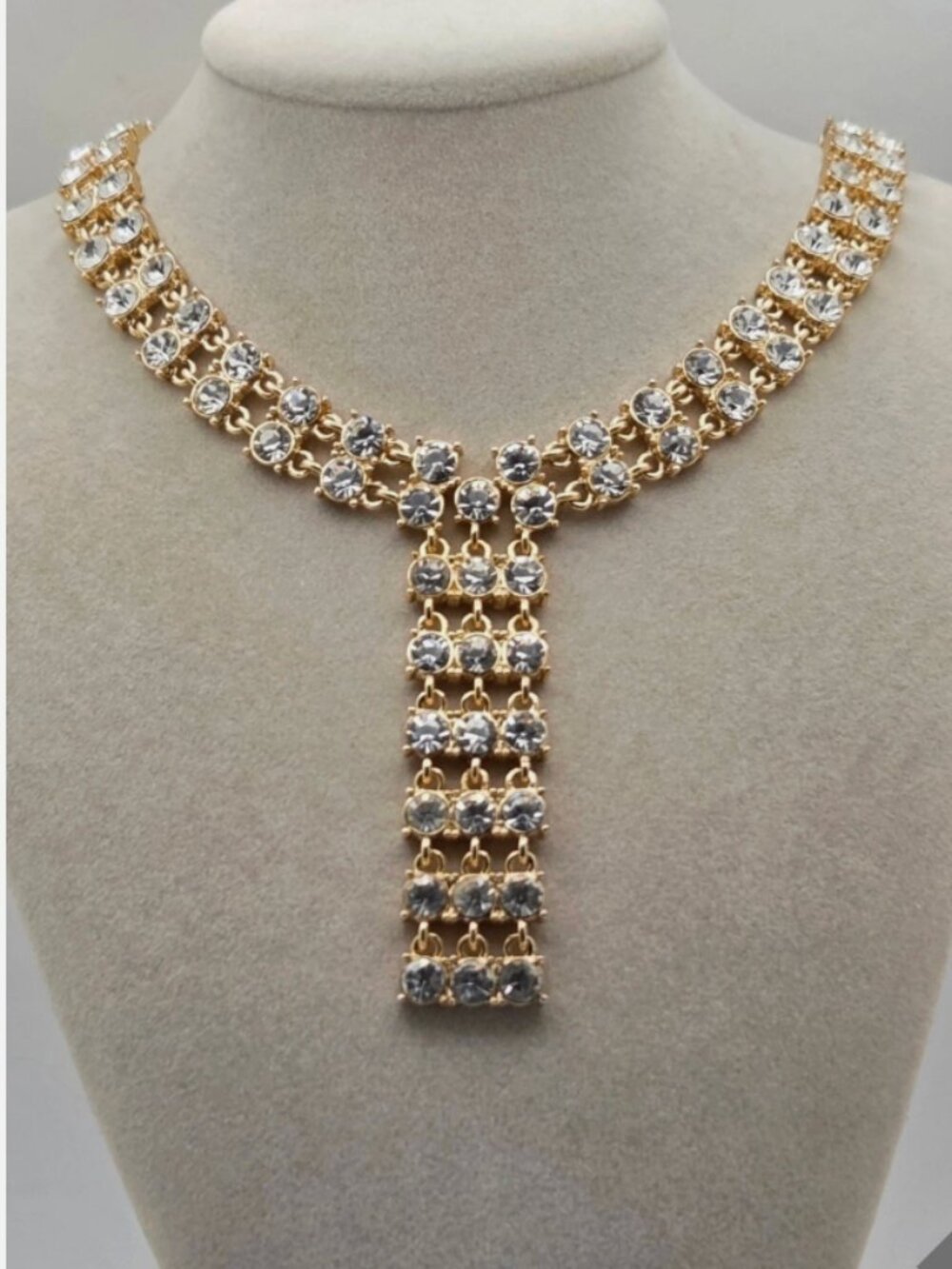 Vintage Gold-Tone Rhinestone Waterfall Statement Necklace | Old Hollywood Glam